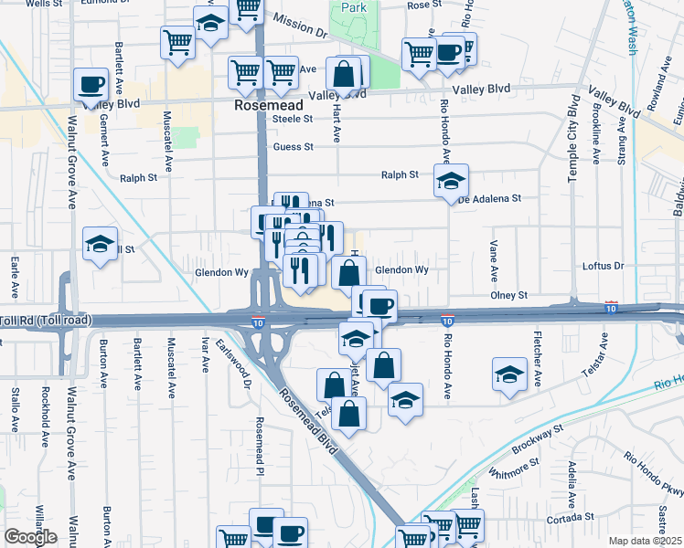 map of restaurants, bars, coffee shops, grocery stores, and more near 3600 Rosemead Boulevard in Rosemead