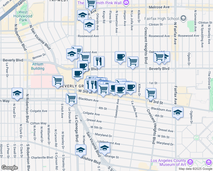 map of restaurants, bars, coffee shops, grocery stores, and more near in West Hollywood