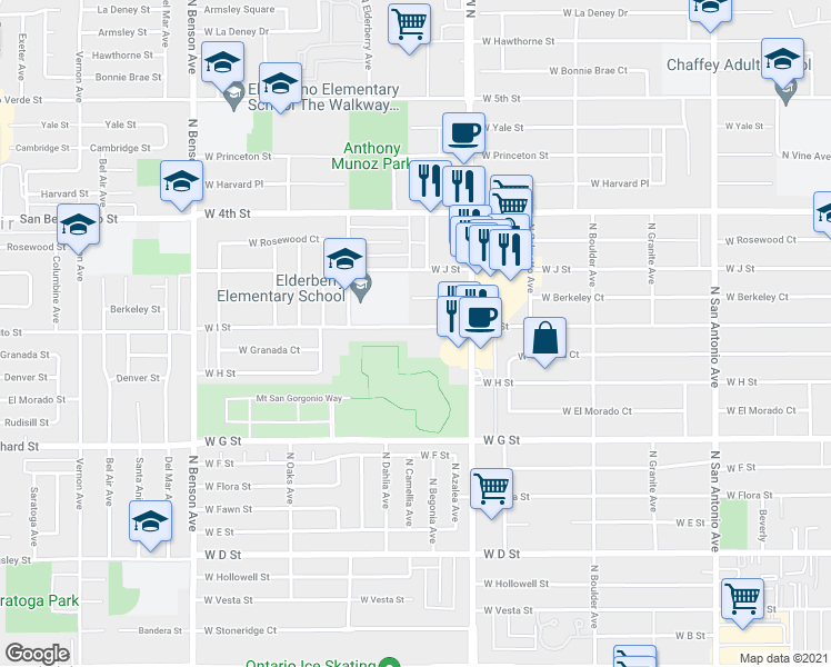 map of restaurants, bars, coffee shops, grocery stores, and more near 1161 West I Street in Ontario