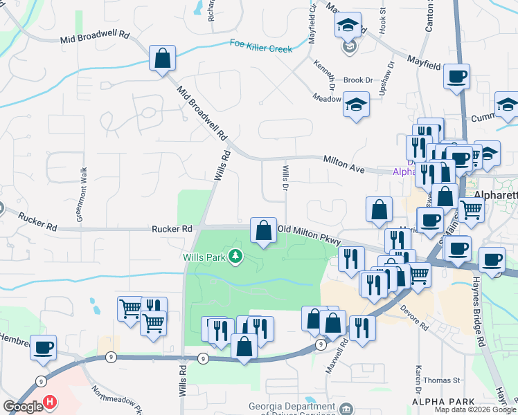 map of restaurants, bars, coffee shops, grocery stores, and more near 92 Nathan Circle in Alpharetta