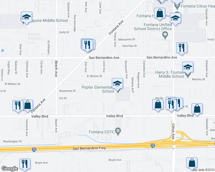 map of restaurants, bars, coffee shops, grocery stores, and more near 15655 Mallory Dr in Fontana