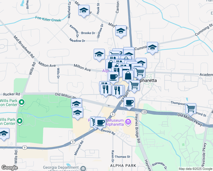map of restaurants, bars, coffee shops, grocery stores, and more near 12084 Cotton Alley in Alpharetta