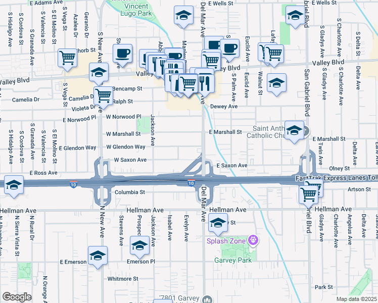 map of restaurants, bars, coffee shops, grocery stores, and more near 128 West Glendon Way in San Gabriel