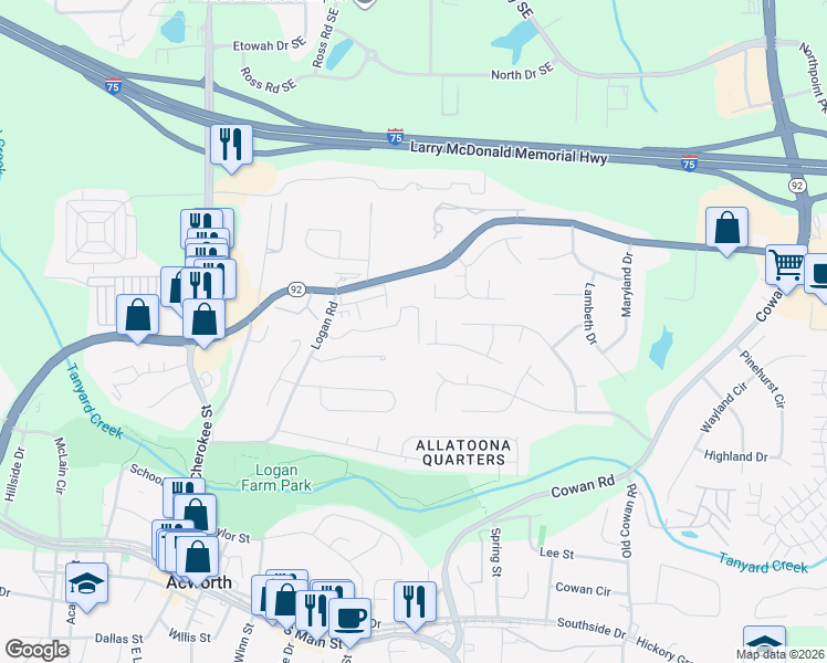 map of restaurants, bars, coffee shops, grocery stores, and more near 4391 Logan Way in Acworth