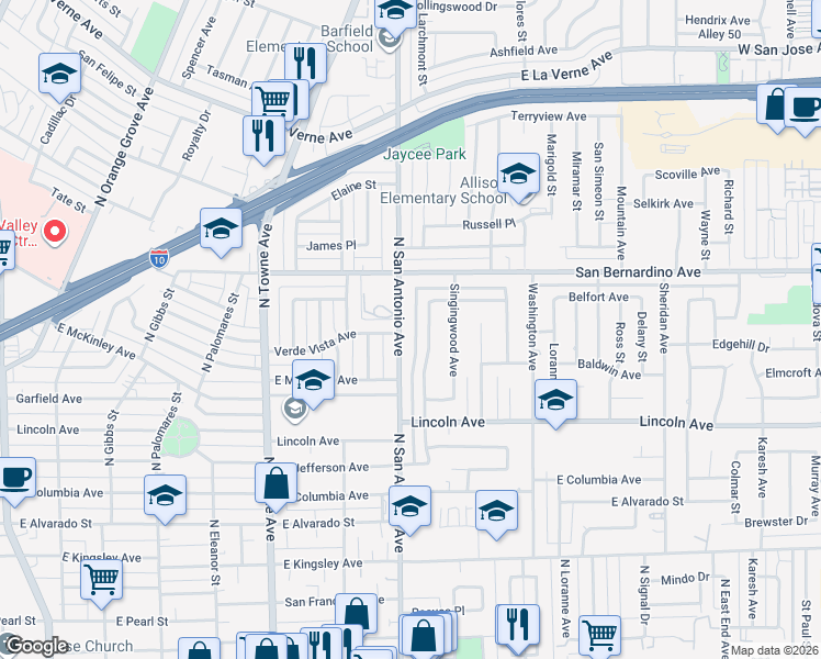 map of restaurants, bars, coffee shops, grocery stores, and more near 1530 North San Antonio Avenue in Pomona