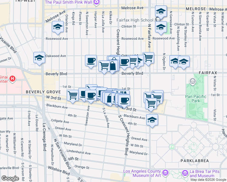 map of restaurants, bars, coffee shops, grocery stores, and more near 104 South Kilkea Drive in Los Angeles