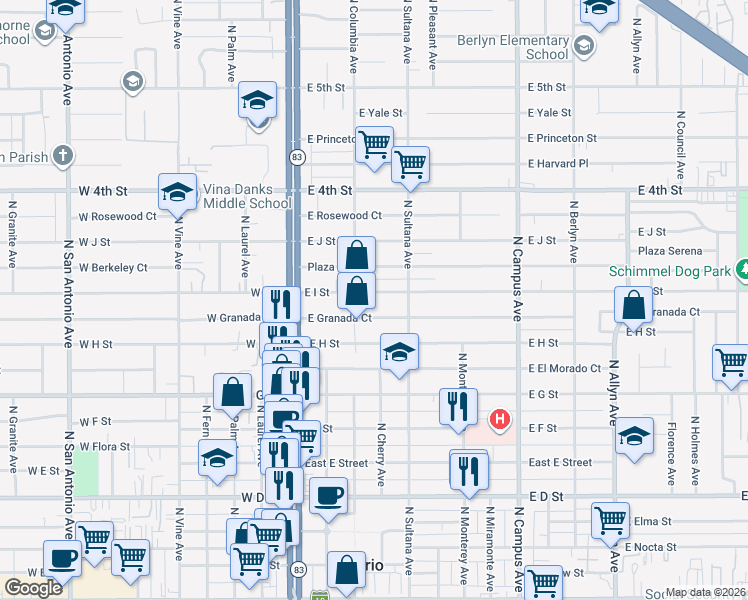 map of restaurants, bars, coffee shops, grocery stores, and more near 326 East I Street in Ontario