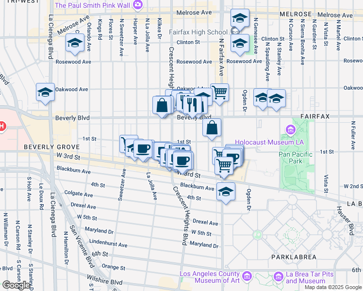 map of restaurants, bars, coffee shops, grocery stores, and more near 105 South Laurel Avenue in Los Angeles