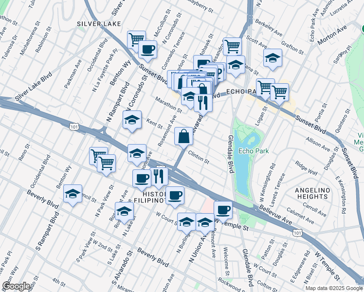 map of restaurants, bars, coffee shops, grocery stores, and more near 707 North Alvarado Street in Los Angeles