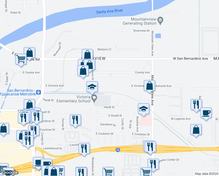 map of restaurants, bars, coffee shops, grocery stores, and more near 1759 East Victoria Avenue in San Bernardino