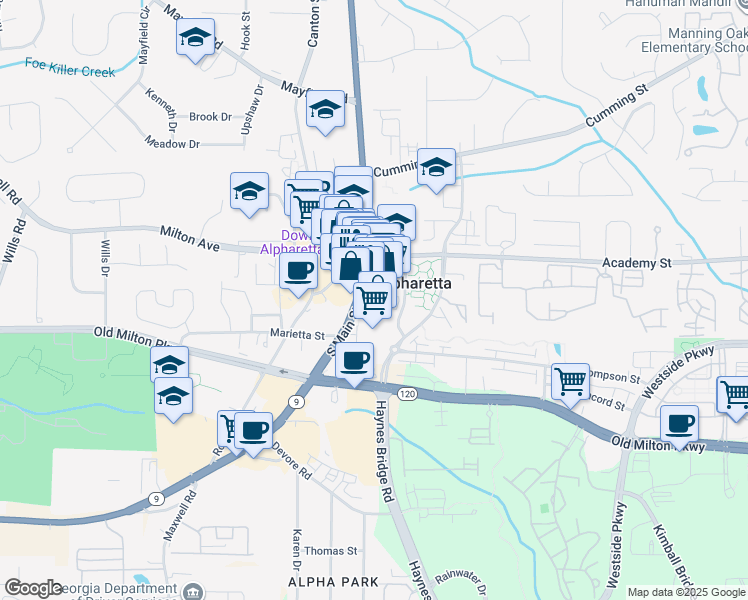 map of restaurants, bars, coffee shops, grocery stores, and more near 401 South Broad Street in Alpharetta