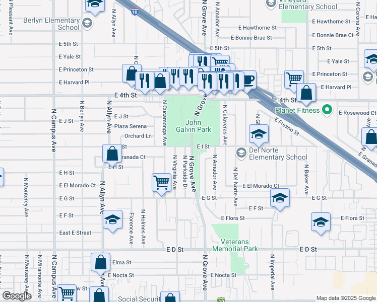 map of restaurants, bars, coffee shops, grocery stores, and more near 852 North Parkside Drive in Ontario