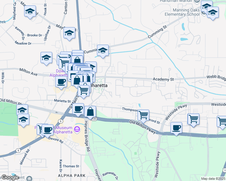 map of restaurants, bars, coffee shops, grocery stores, and more near 475 Rowes Circle in Alpharetta