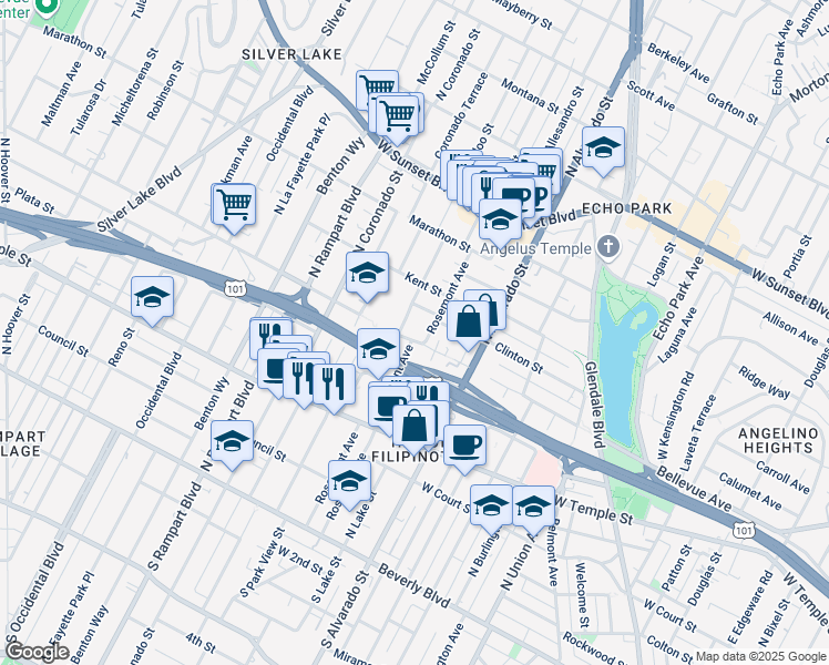 map of restaurants, bars, coffee shops, grocery stores, and more near 2221 Bellevue Avenue in Los Angeles