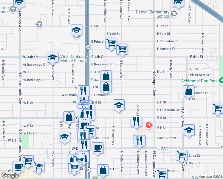 map of restaurants, bars, coffee shops, grocery stores, and more near 2 North Campus Avenue in Upland