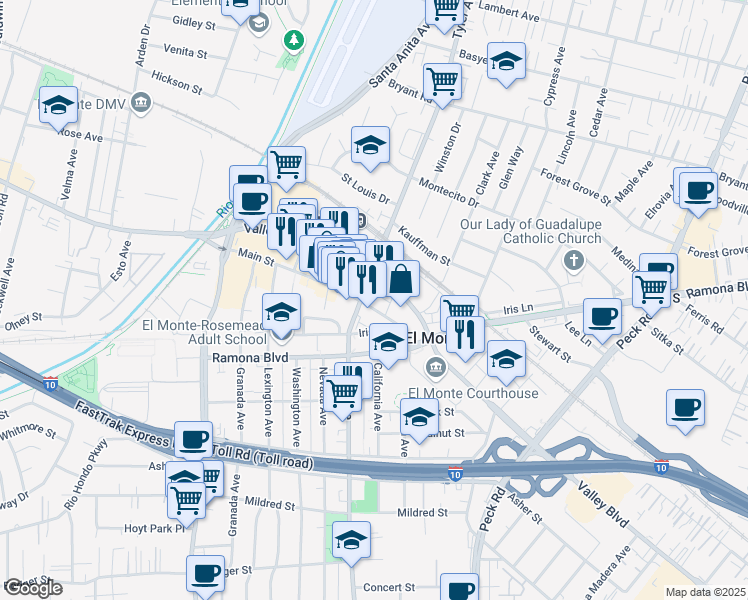 map of restaurants, bars, coffee shops, grocery stores, and more near 11013 Main Street in El Monte