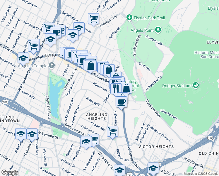 map of restaurants, bars, coffee shops, grocery stores, and more near 1211 Douglas Street in Los Angeles