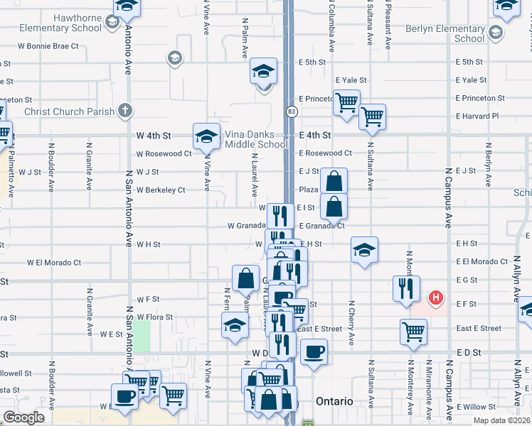 map of restaurants, bars, coffee shops, grocery stores, and more near 133 West I Street in Ontario