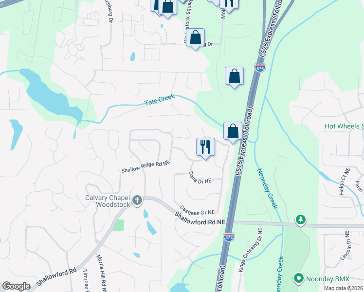 map of restaurants, bars, coffee shops, grocery stores, and more near 197 Shalloway Drive in Kennesaw