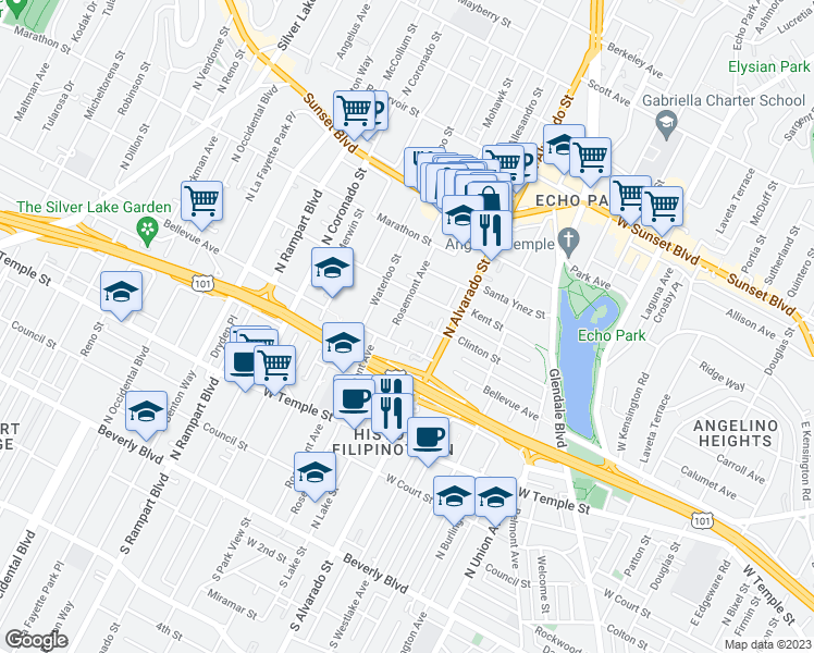 map of restaurants, bars, coffee shops, grocery stores, and more near 2146 Clinton Street in Los Angeles
