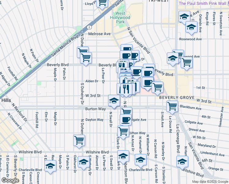 map of restaurants, bars, coffee shops, grocery stores, and more near 141 South Clark Drive in Los Angeles