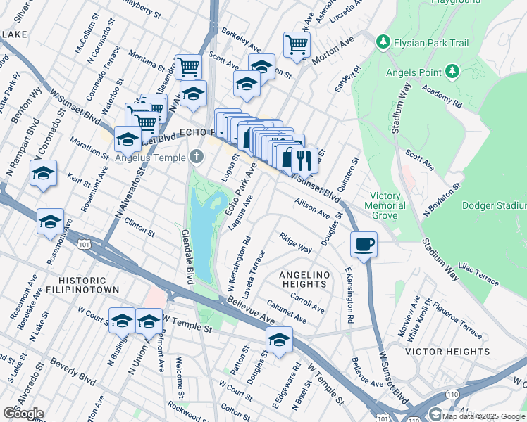 map of restaurants, bars, coffee shops, grocery stores, and more near 1101 Laveta Terrace in Los Angeles