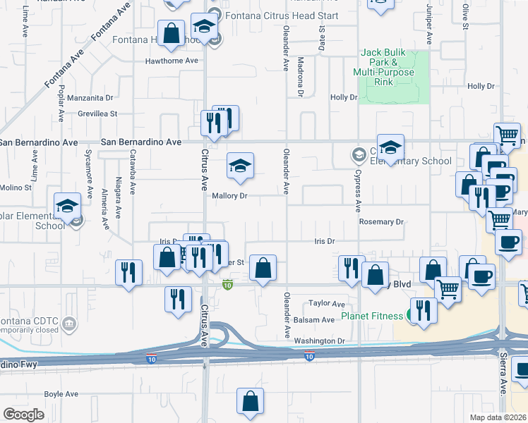 map of restaurants, bars, coffee shops, grocery stores, and more near 9875 Skyland Court in Fontana