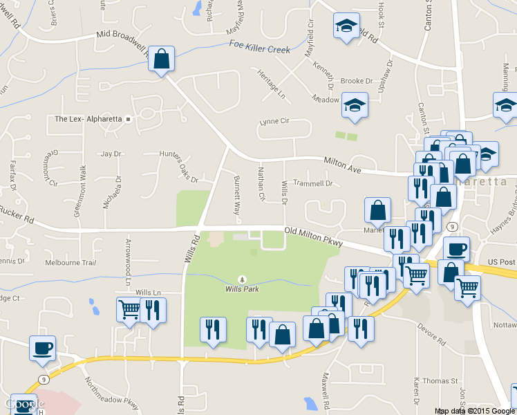 map of restaurants, bars, coffee shops, grocery stores, and more near 92 Nathan Circle in Alpharetta