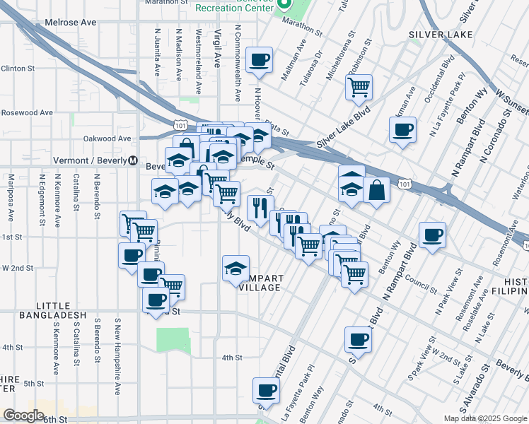map of restaurants, bars, coffee shops, grocery stores, and more near 140 North Hoover Street in Los Angeles