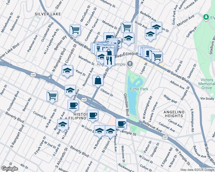 map of restaurants, bars, coffee shops, grocery stores, and more near 1922 1/2 Kent Street in Los Angeles