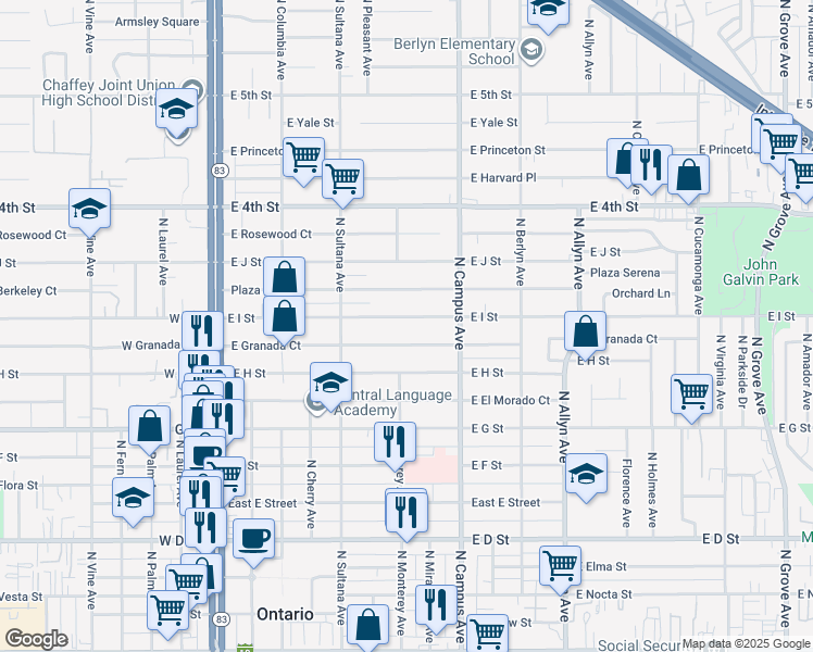 map of restaurants, bars, coffee shops, grocery stores, and more near 610 E I St in Ontario
