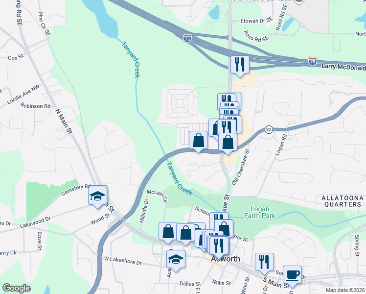 map of restaurants, bars, coffee shops, grocery stores, and more near 5025 Little Harbor Way in Acworth