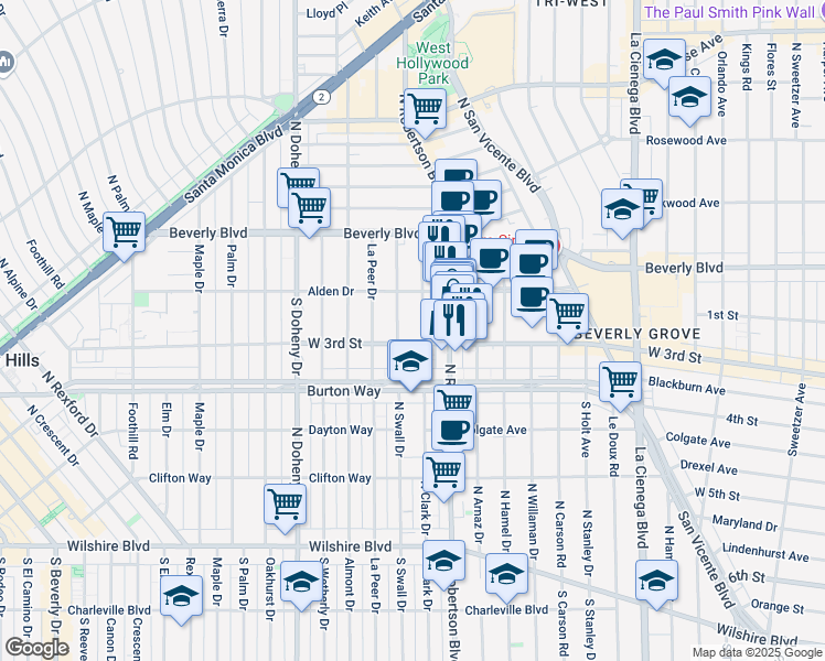 map of restaurants, bars, coffee shops, grocery stores, and more near 141 South Clark Drive in Los Angeles