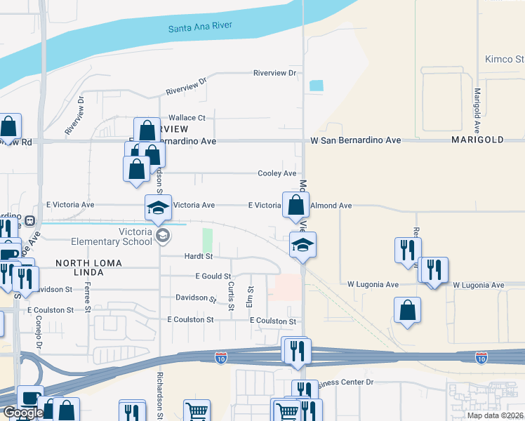 map of restaurants, bars, coffee shops, grocery stores, and more near 1905 East Victoria Avenue in San Bernardino