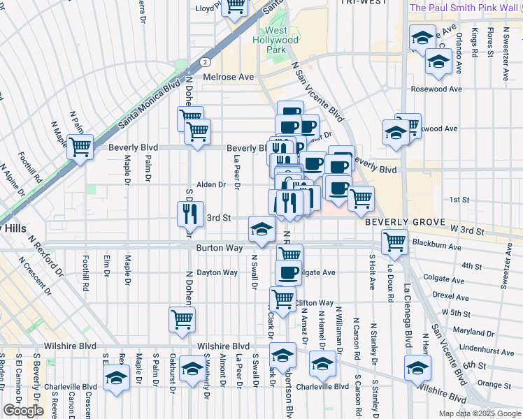map of restaurants, bars, coffee shops, grocery stores, and more near 141 South Clark Drive in Los Angeles