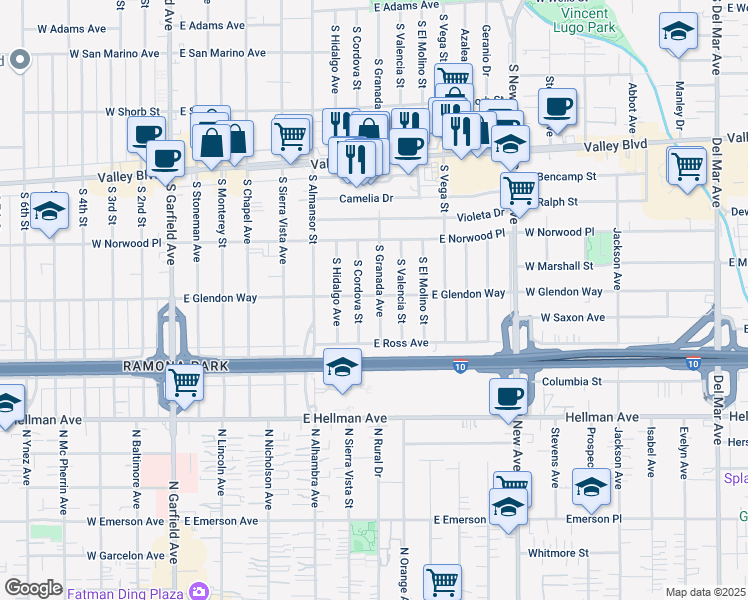 map of restaurants, bars, coffee shops, grocery stores, and more near 1801 South Granada Avenue in Alhambra