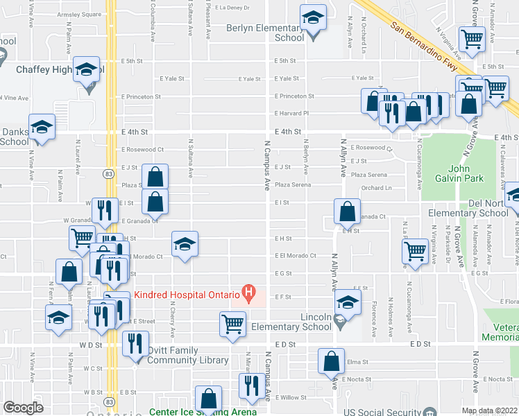 map of restaurants, bars, coffee shops, grocery stores, and more near 656 East I Street in Ontario