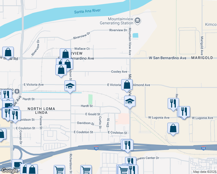map of restaurants, bars, coffee shops, grocery stores, and more near 1883 East Victoria Avenue in San Bernardino