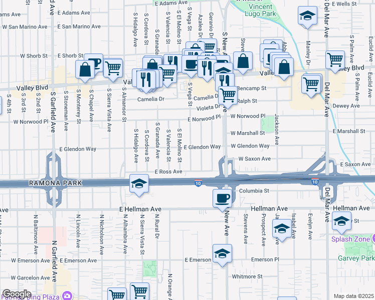 map of restaurants, bars, coffee shops, grocery stores, and more near 1801 South Vega Street in Alhambra