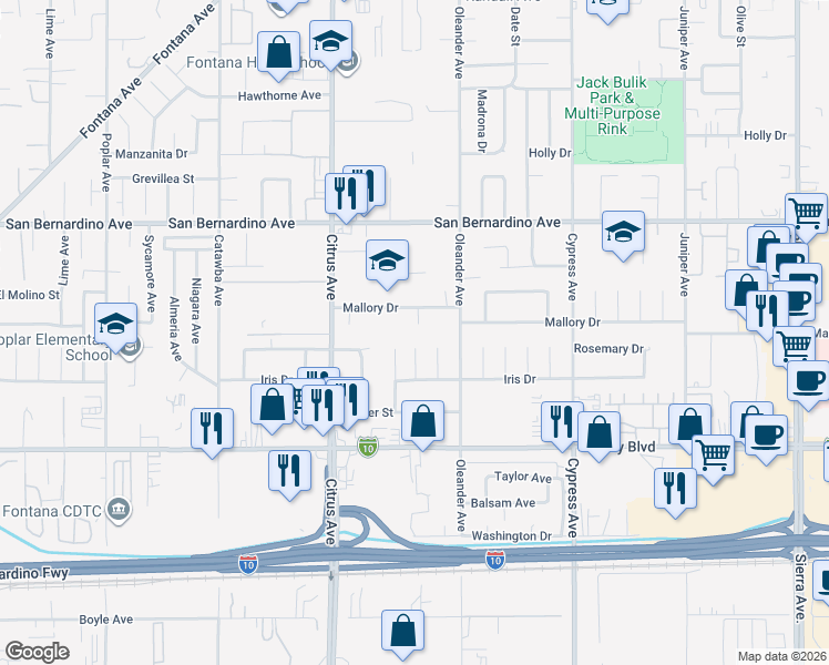 map of restaurants, bars, coffee shops, grocery stores, and more near 9876 Skyland Court in Fontana