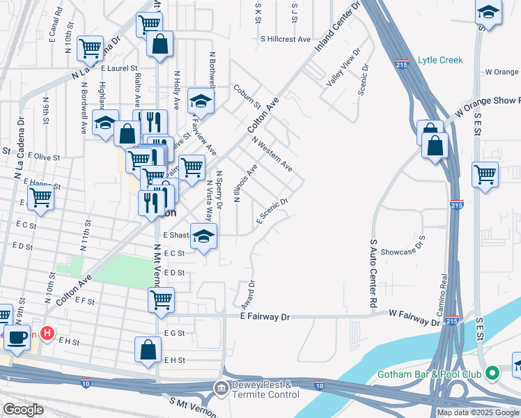 map of restaurants, bars, coffee shops, grocery stores, and more near 913 North Kansas Avenue in Colton