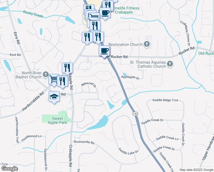 map of restaurants, bars, coffee shops, grocery stores, and more near 1200 Primrose Drive in Roswell