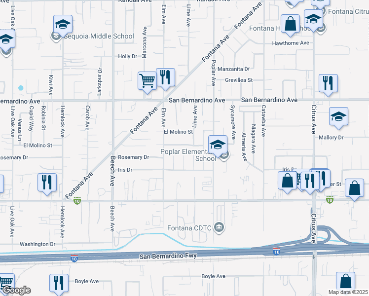 map of restaurants, bars, coffee shops, grocery stores, and more near 15585 Mallory Drive in Fontana