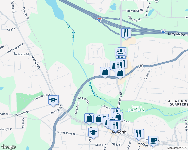 map of restaurants, bars, coffee shops, grocery stores, and more near 5031 Little Harbor Way in Acworth