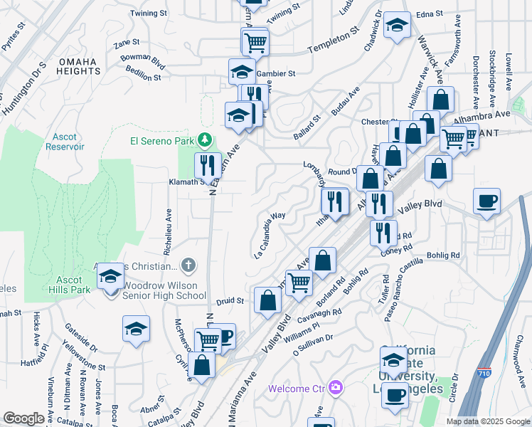map of restaurants, bars, coffee shops, grocery stores, and more near 4982 La Calandria Drive in Los Angeles