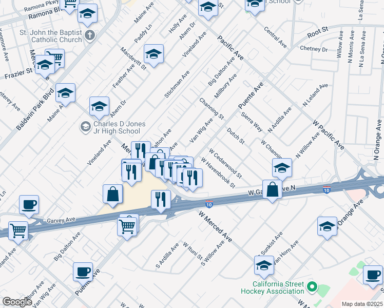 map of restaurants, bars, coffee shops, grocery stores, and more near 3239 Puente Avenue in Baldwin Park
