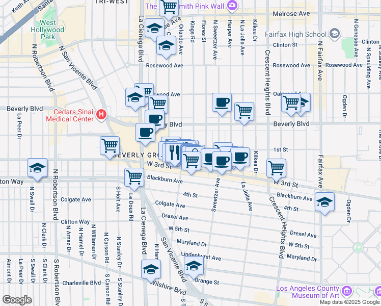 map of restaurants, bars, coffee shops, grocery stores, and more near 111 South Kings Road in Los Angeles