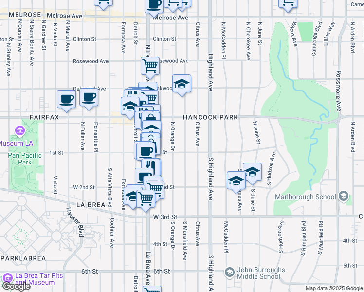 map of restaurants, bars, coffee shops, grocery stores, and more near 111 North Mansfield Avenue in Los Angeles