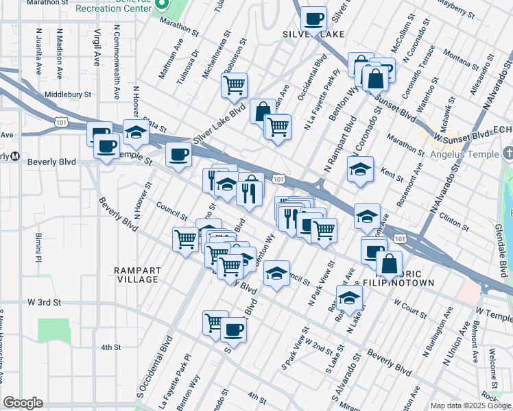 map of restaurants, bars, coffee shops, grocery stores, and more near 319 North La Fayette Park Place in Los Angeles