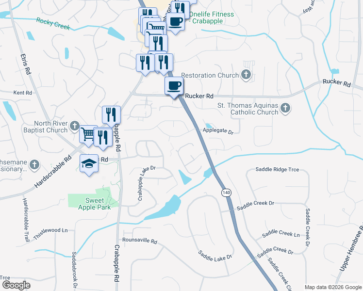 map of restaurants, bars, coffee shops, grocery stores, and more near 1200 Primrose Drive in Roswell